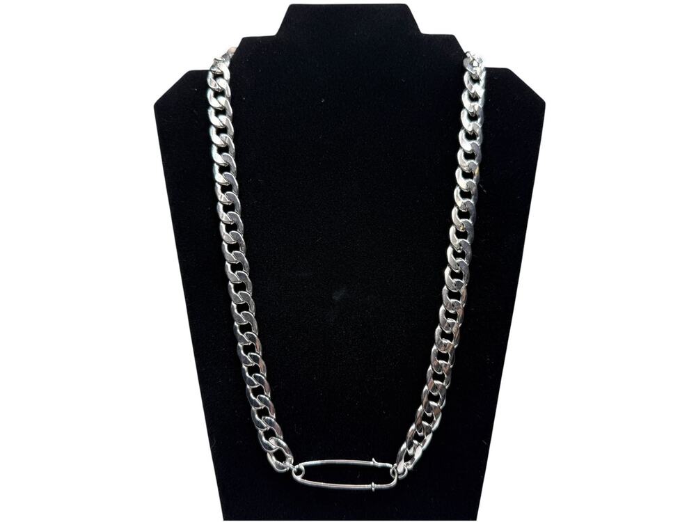 Silver Tone Curb Chain Necklace with Safety Pin Pendant Accent Punk Fashion 25"